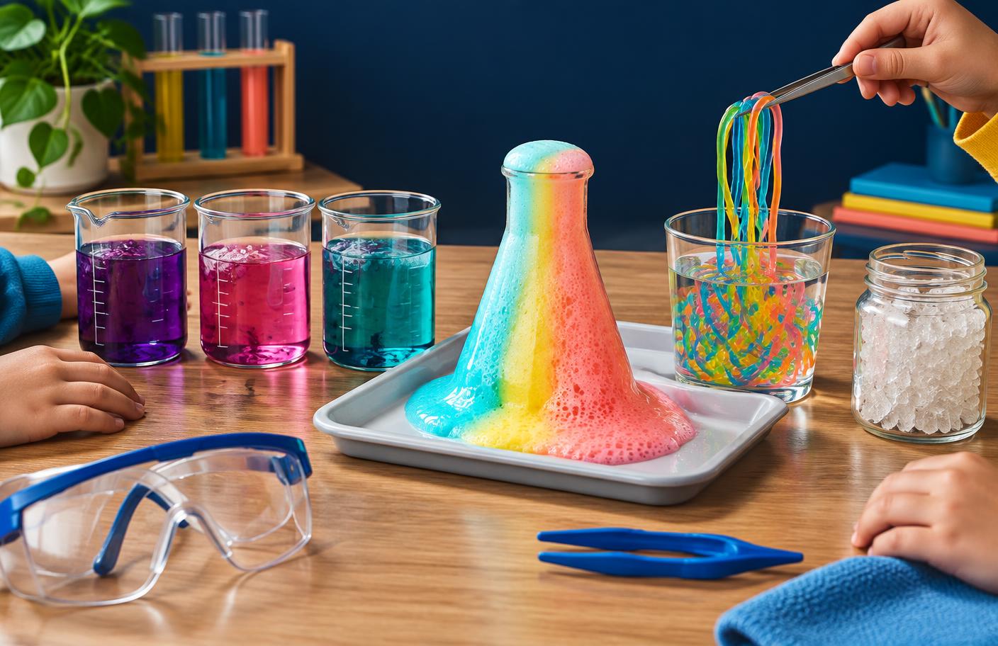 Illustration of colorful science experiments with beakers, foam, slime and crystals